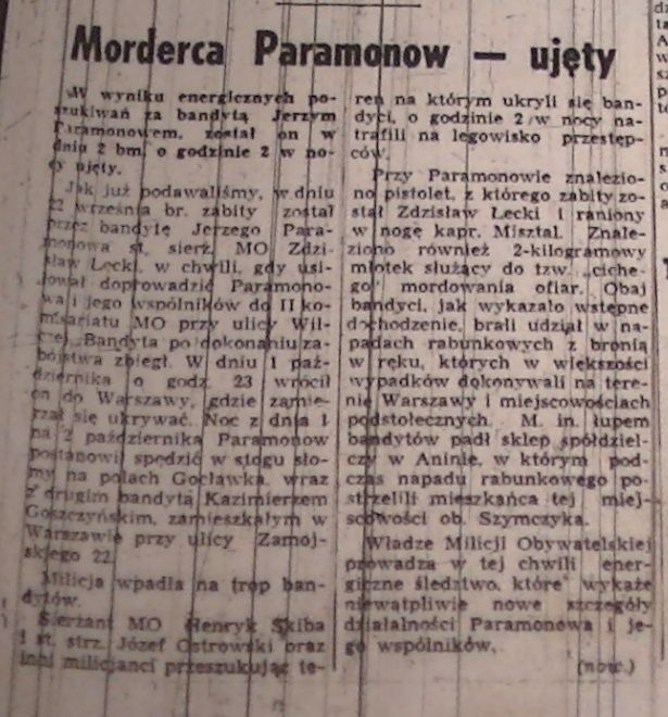 Fragment gazety z dnia ujęcia Jerzego Paramonowa.