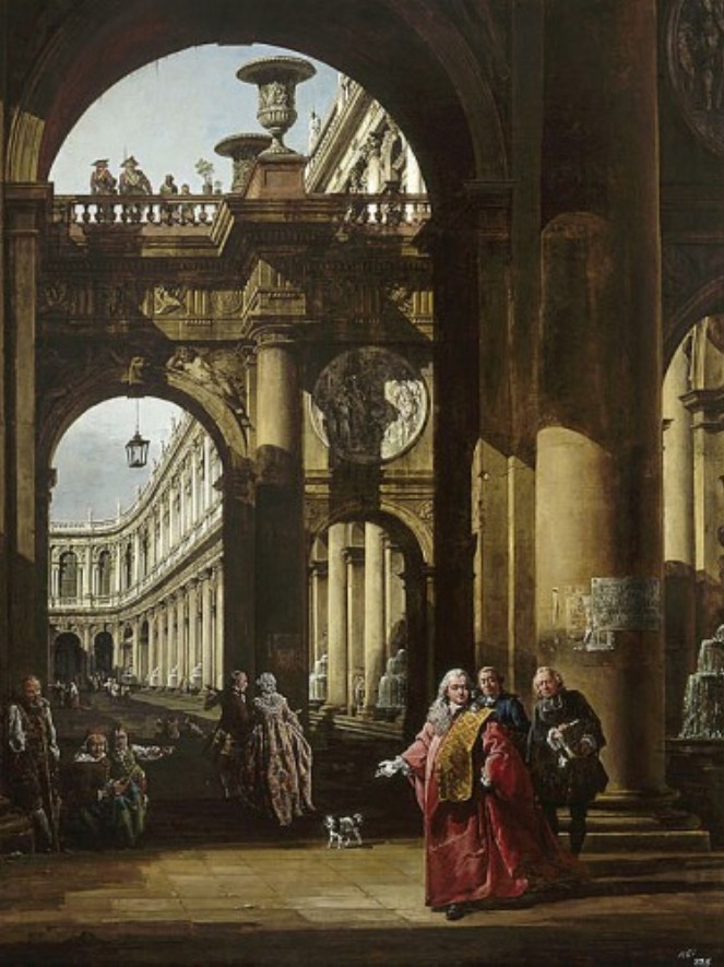 Bernard Bellotto zwany Canalettem, Architektura fantastyczna z autoportretem w stroju patrycjusza weneckiego, ok. 1765 r., Muzeum Narodowe w Warszawie.