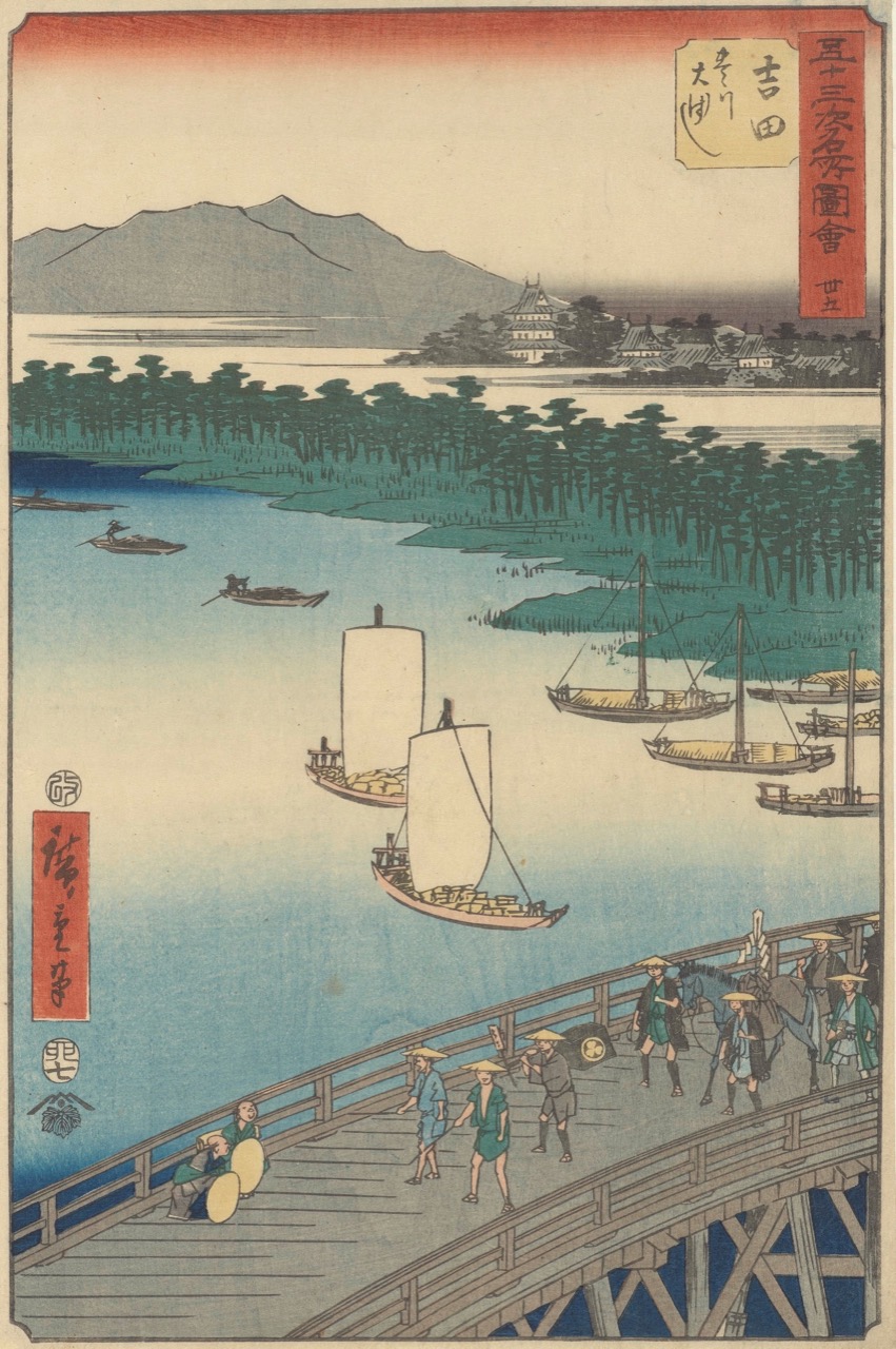 Wielki most Yoshida na rzece Toyokawa – Utagawa Hiroshige, 1855 rok.