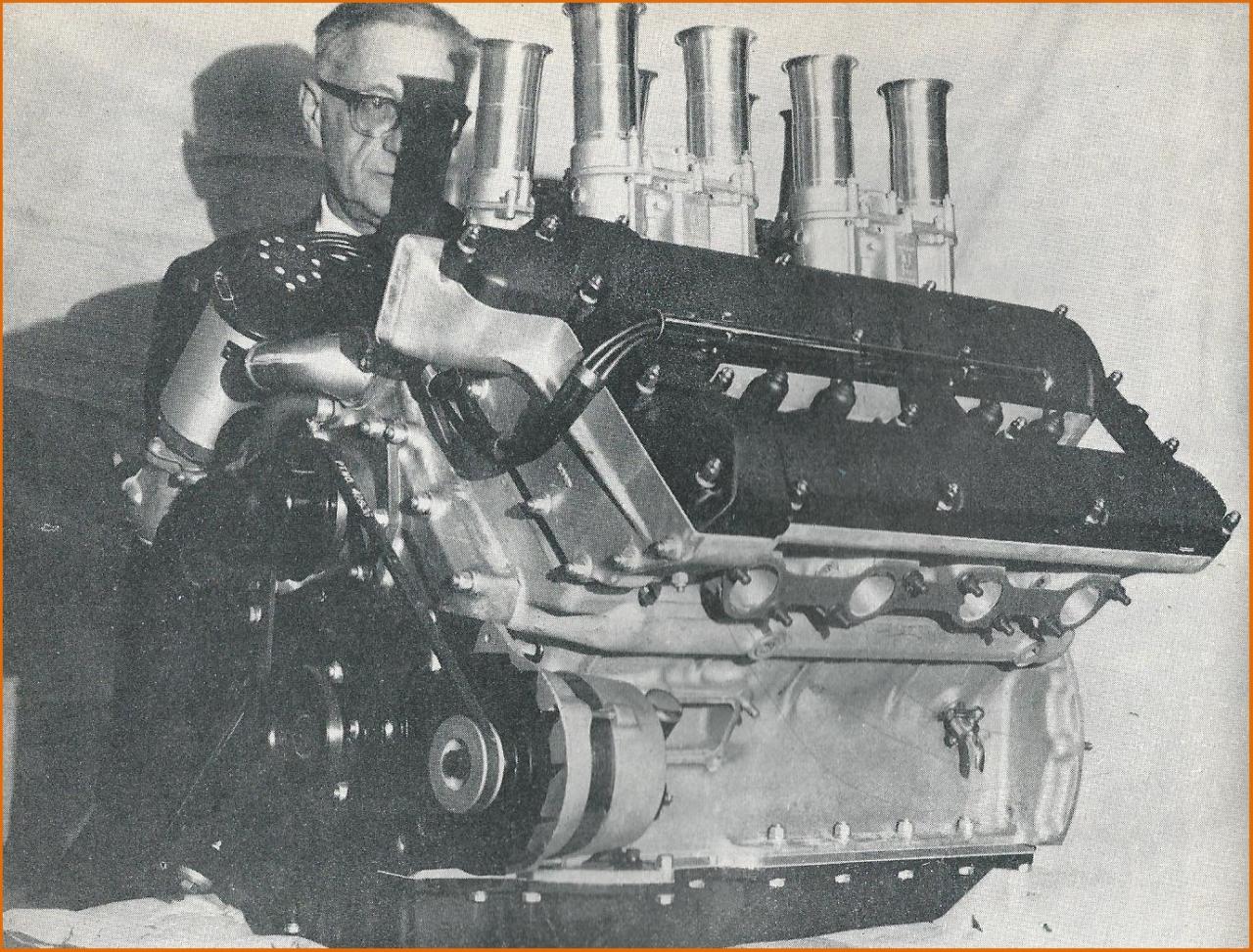 Inżynier Tadeusz Marek z 5-litrowym silnikiem swojego projektu. Rok 1966. / Foto: www.dbsvantage.com