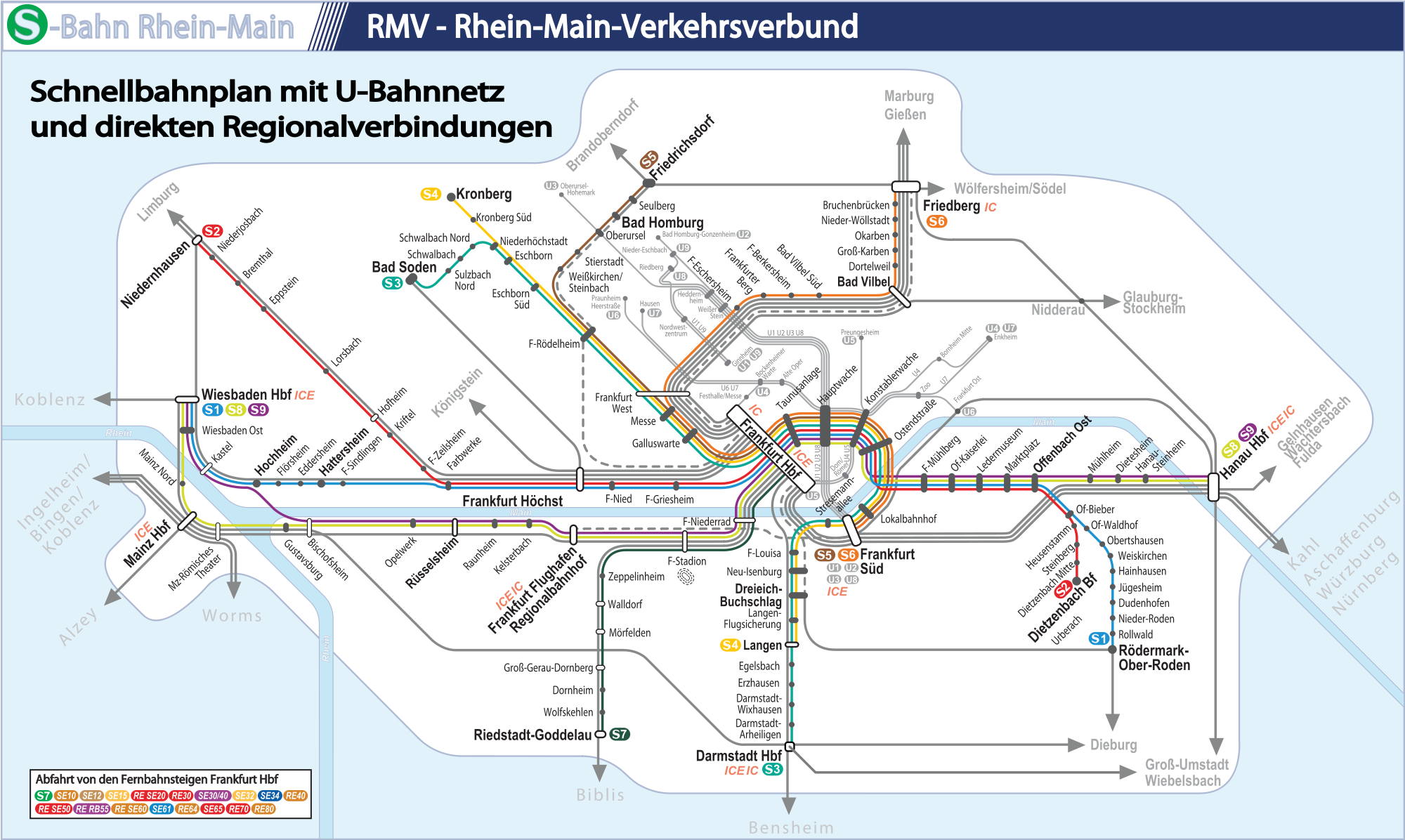 Mapa sieci kolejowej aglomeracji Frankfurtu nad Menem.